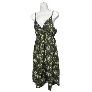 Cynthia Richard Midi Dress Floral Print Green Black Spaghetti Strap V Neck